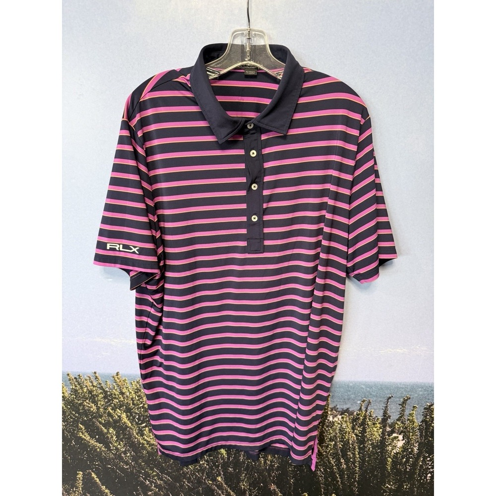 RLX Ralph Lauren mens performance polo shirt XL Blue Pink stripe